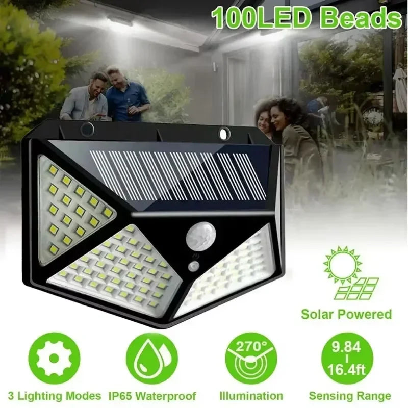 Lampă Solară LED Exterior 100 LED cu Senzor de Mișcare PIR – Iluminare Puternică pentru Grădină, Curte, Alee, Rezistentă la Apă